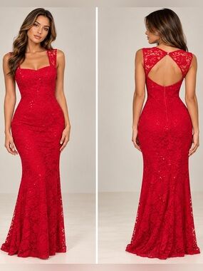 Vintage La Scala Red Sequin Lace Open Keyhole Back Mermaid Prom Gown Size Small